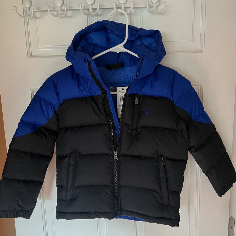 NWT Polo Ralph Lauren Down Hooded Jacket, Boys, Size 6, Black/Blue